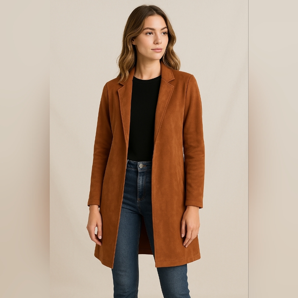 HAVE Vegan Suede Duster Coat Brown Small faux suede longline chic autumn minimal